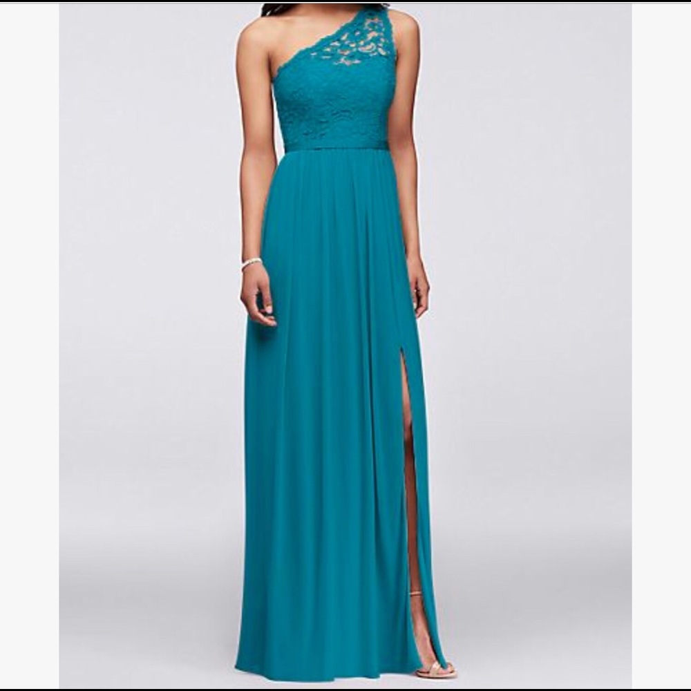 David’s Bridal One Shoulder Lace Dress in “Oasis”